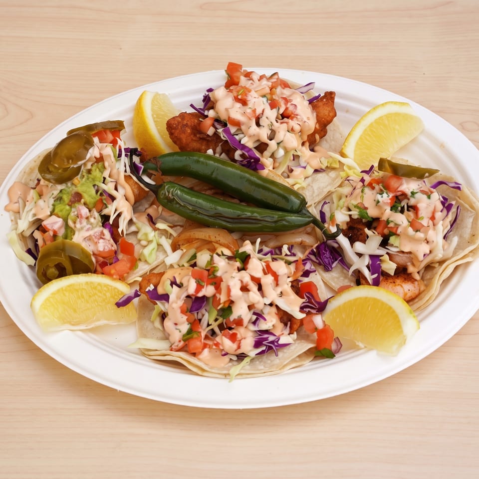 Plate of loaded tacos topped with cabbage, pico de gallo, creamy sauce, jalapeños, and lime wedges.