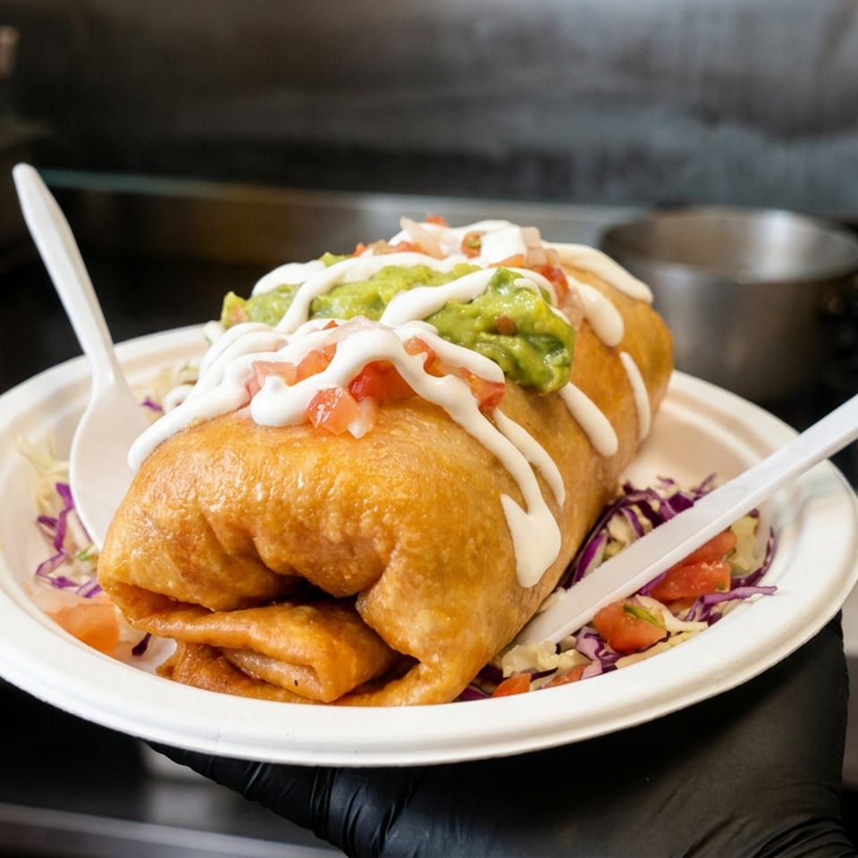 Two golden fried stuffed pastries topped with guacamole, diced tomatoes, and cream sauce on a plate with shredded cabbage.