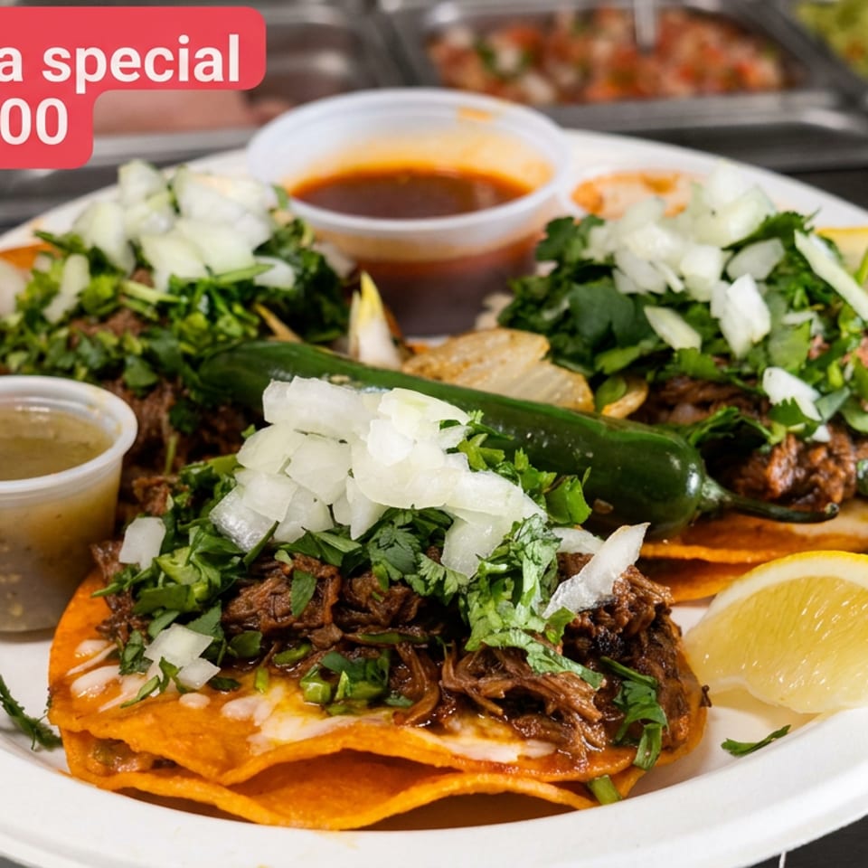 Plate of quesabirria tacos topped with cilantro and onion, served with consommé, lime wedges, and jalapeño.