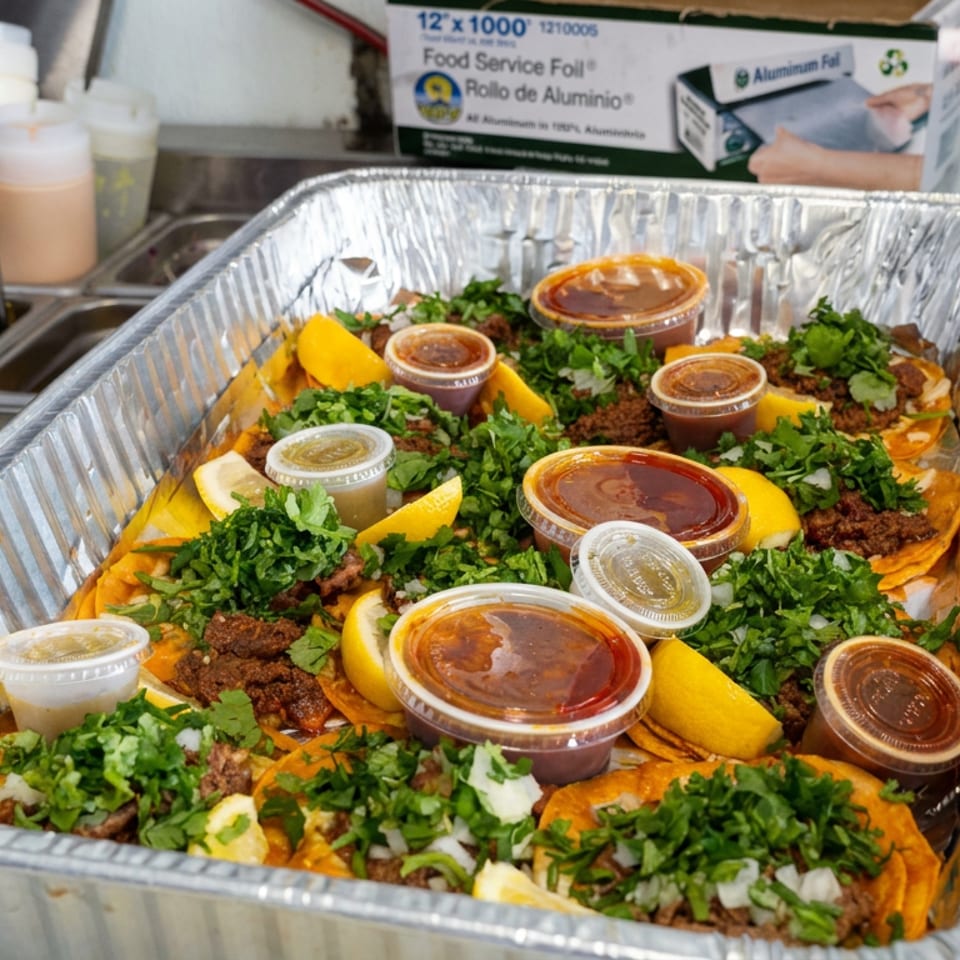 Large aluminum tray of nachos topped with seasoned meat, chopped cilantro, onions, lemon wedges, and individual sauce cups in a restaurant kitchen.