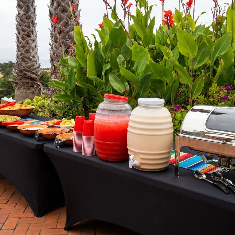 Outdoor buffet table with salads, sauces, red and cream beverage dispensers, stacked cups, and a stainless-steel chafing dish.