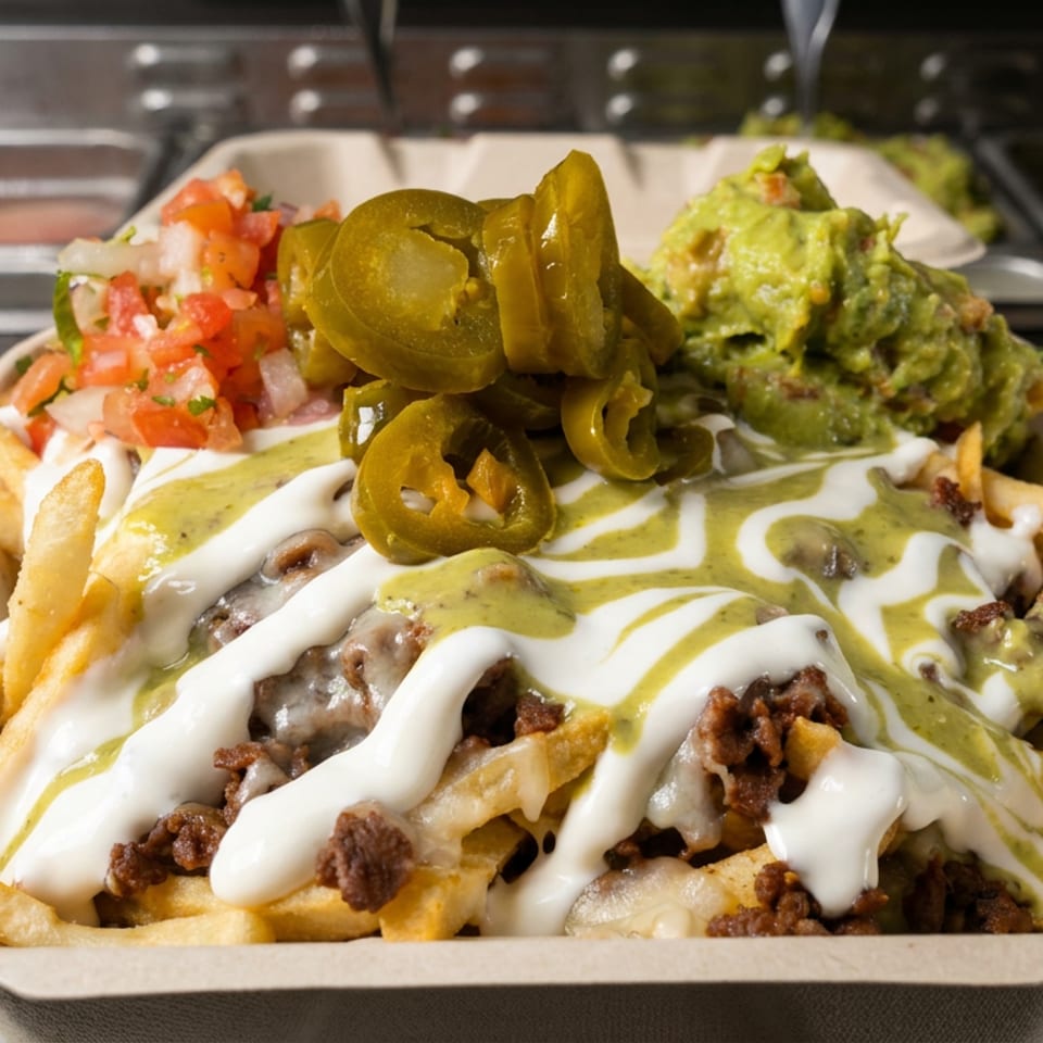 Loaded fries topped with ground beef, melted cheese, white and green sauces, guacamole, pico de gallo, and jalapeños.